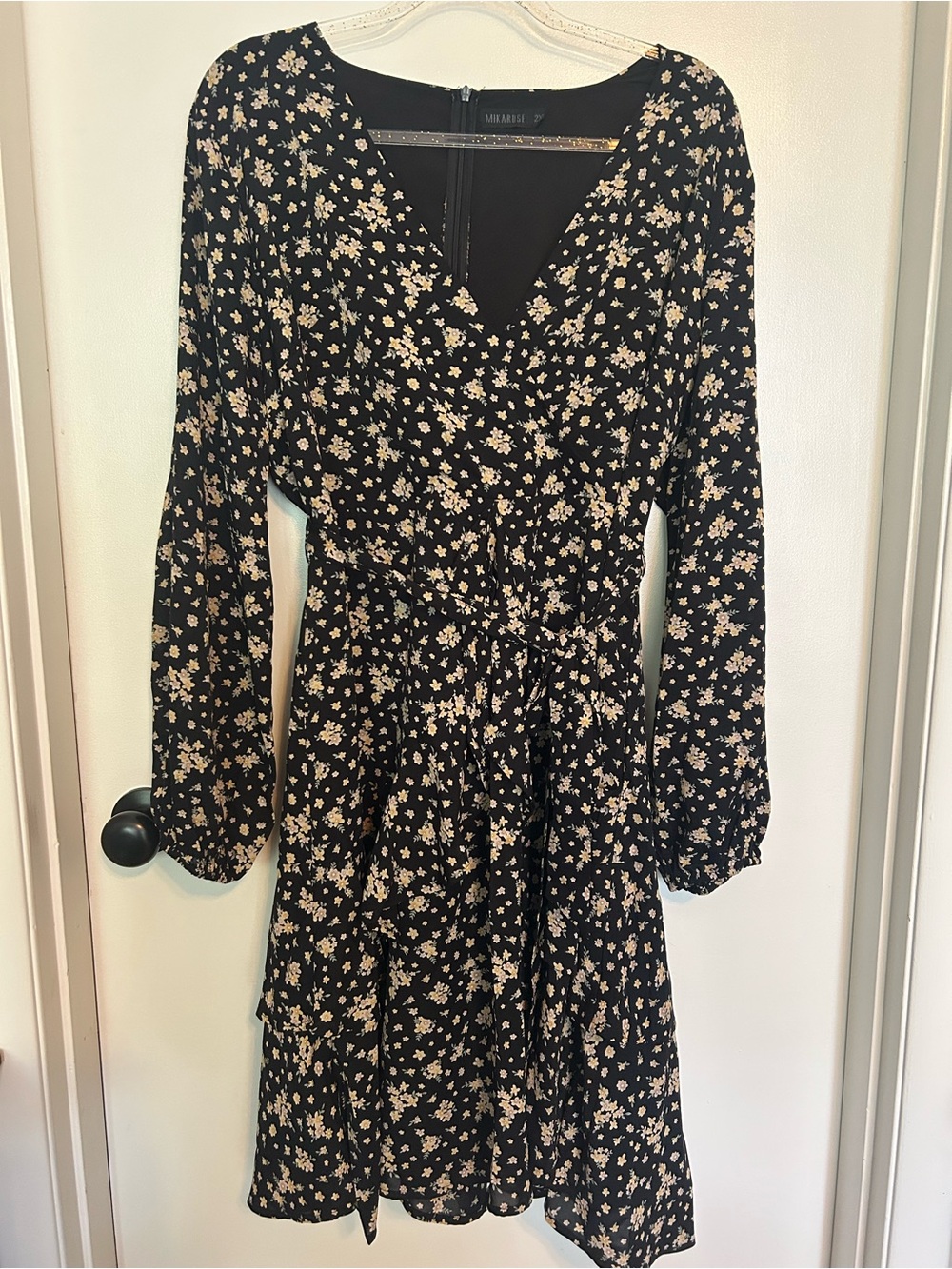 Mikarose Black and Cream Floral Ruffled Wrap Dress